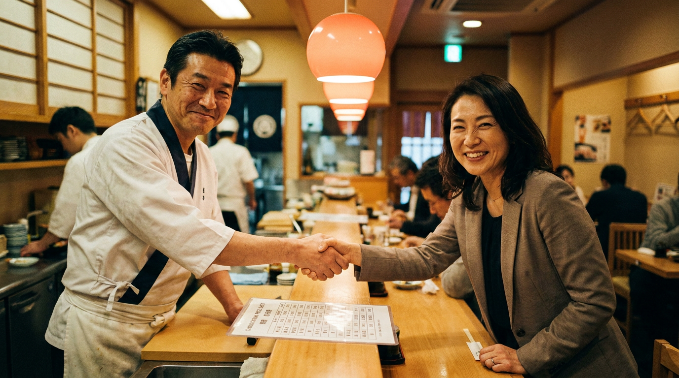 カウンター越しに料金表を挟んで握手をする飲食店オーナーと担当者